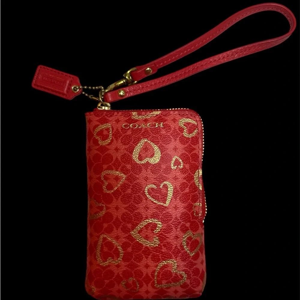Coach Red Wristlet with Gold Heart Design - Picture 6 of 12
